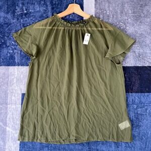 Express Womens Olive Green Ruffle Neck Flutter Sleeve Chiffon Blouse Size L NWT